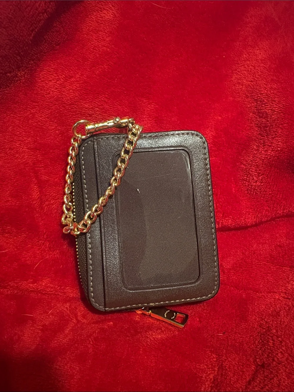 Coach Dark Brown Leather Mini Card Wallet with Gold Chain